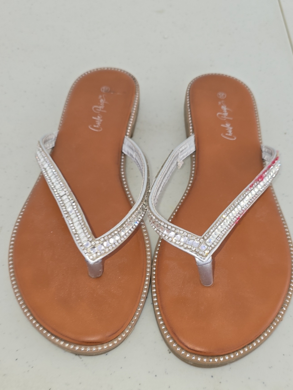 Charlie Paige Silver Crystal Embellished Tan Footbed Flip Flop Sandals